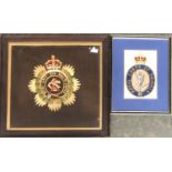 Two needlework crests: Royal Corps of Signals, 21.5x14.5cm; the other with motto 'Honi Soit Que