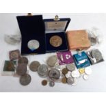 A quantity of commemorative and world coins to include one rupee 1904, Emperor Nero replica coin,