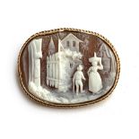 A 9ct gold shell cameo brooch depicting a rural scene, 3.2cm wide, 6.3g