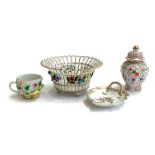 A 20th century Dresden pierced basket with applied floral decoration and hand painted floral sprays,