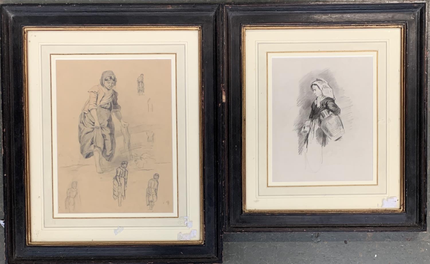 Two 19th century pencil studies of ladies, 25x20cm and 30x23cm