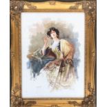 20th century watercolour, young woman in repose, signed in Arabic, 39x29cm