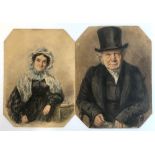 Two Victorian watercolour portraits, a gentleman in a top hat and a lady in a bonnet, each approx.