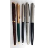 Two Parker fountain pens, together with a Parker ballpoint pen, Parker propelling pencil, and a