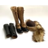 A pair of ladies duck boots, size 7, together with a pair of black leather gaiters, a faux fur