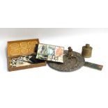 A mixed lot to include Winsor & Newton watercolour palettes; brass tea caddy; hammered copper dish