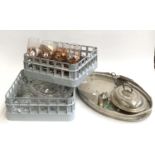 A mixed lot to include large plated galleried tray and two boxes of mixed glassware