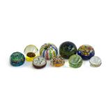 A lot of nine various blown glass paperweights, to include millefiori, the largest 8.5cmD