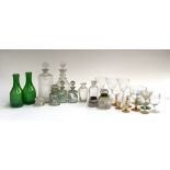 A mixed lot of glassware (af) to include inkwells, painted bottles, green glass, decanter etc