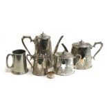 A Walker and Hall Sheffield plate four piece tea set; together with a pewter tankard and a silver