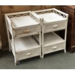 A pair of bamboo and cane white painted bedside cabinets, each 44x46x70cmH