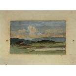 An early 20th century watercolour landscape on artists board, initialled JPM lower left, 14.5x24cm
