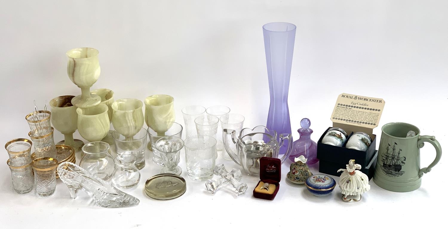 A mixed lot to include a set of 6 onyx goblets, a pair of boxed Royal Worcester egg coddlers, purple