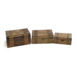 Three 19th century tunbridge ware wooden boxes, 27.5cmw, 25.5cmW and 20.5cmW (3)