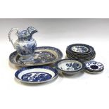 A T Wright & Edwards Staffordshire Willow pattern meat plate, 46cmW; various blue and white plates