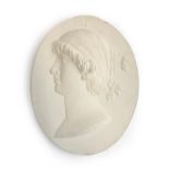 A classical relief plaster roundel of a lady, signed to reverse 'P.J Hone 2013 AD', 42x32cm