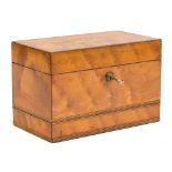 A 19th century satinwood tea caddy, cross banded with central marquetry inlay, with secret side