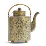 A 19th century c.1860 Thai niello gilded silver teapot of cylindrical form, with a liner and split