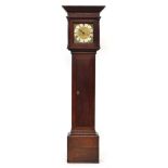 A George III oak longcase clock, moulded pediment over parquetry frieze, the 9 inch dial with