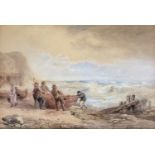 Edward Duncan RWS (1803-1882), fishermen hauling boats ashore, watercolour, signed, 17x26cm