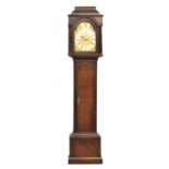An oak longcase clock, the arched dial with Roman numerals to the sivlered chapter ring, outer