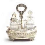 A George III hallmarked silver seven bottle cruet set and conforming stand, by John & Henry Lias,