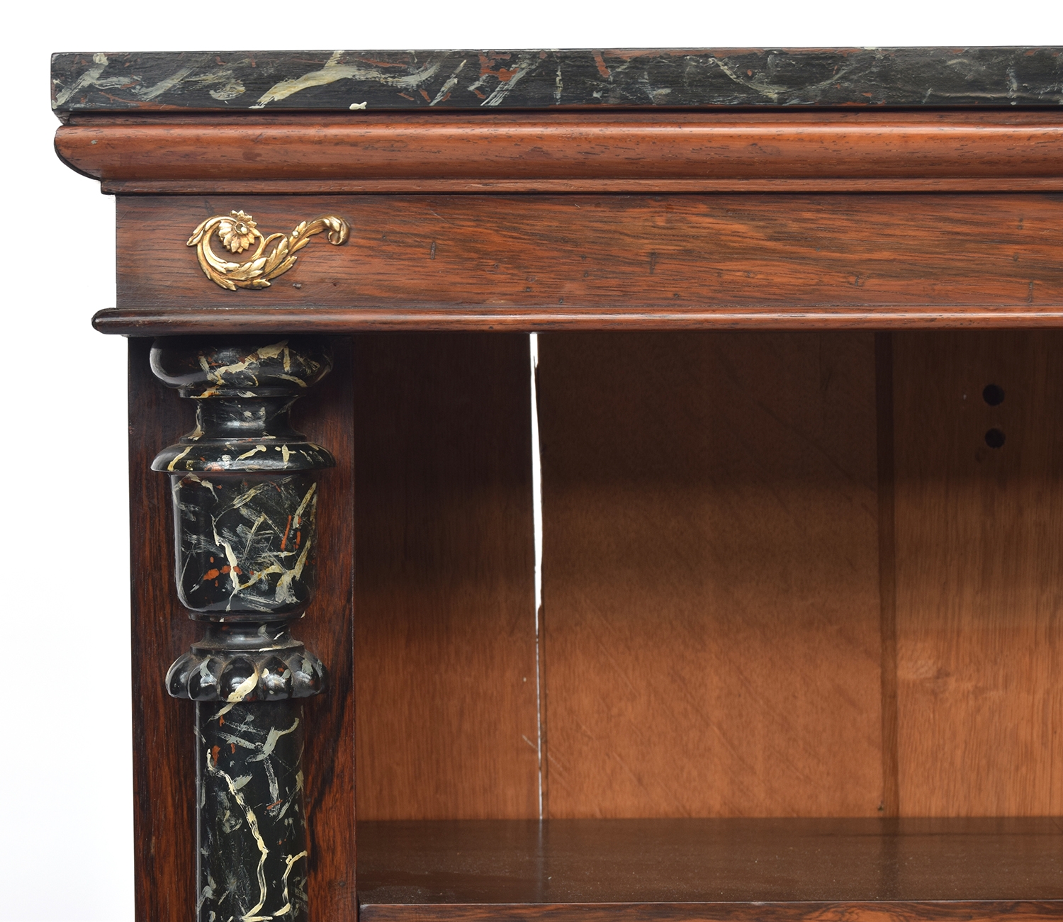 A Regency rosewood and simulated marble bookcase, the painted top over an ormolu mounted frieze, the - Image 2 of 4