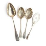 A pair of shell bright cut spoons by Josiah Williams & Co, Exeter 1853; together with a large silver