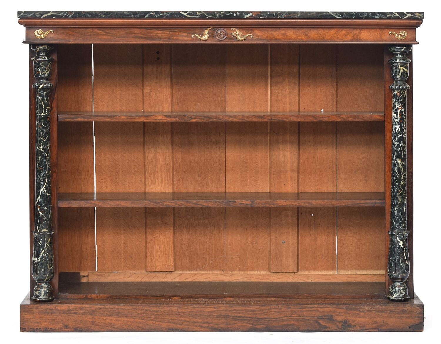 A Regency rosewood and simulated marble bookcase, the painted top over an ormolu mounted frieze, the