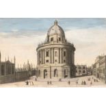 Late 18th/early 19th century coloured engraving, 'A View of Ratcliff's Library in Oxford', c.1780-