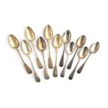 A mixed set of six George III silver teaspoons, c.1791-3; together with a set of five bright cut