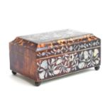 An early 19th century tortoiseshell sewing box, inlaid with floral mother of pearl decoration,