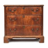 An early 18th century walnut chest of three drawers, inlaid, 86cm wide, 54cm deep, 82cm high