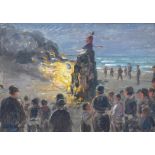Frederik Lange (Danish, 1870-1941), 'Skagen', oil on board depicting the Midsummer Eve bonfire,