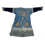 A 19th century Chinese blue silk 'dragon' robe with long sleeves and horse hoof cuffs, detailed with