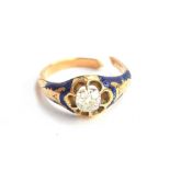 A Victorian gold, diamond and blue enamel ring, tests as 18ct or higher, the claw set diamond