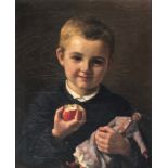 19th century oil on canvas, portrait of a boy holding an apple and a doll, dated 1878 upper left