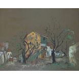 George Enslin (South African, 1919-1972), street scene with building and trees, pen and gouache,