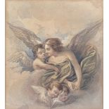 A Victorian watercolour depicting angel and putti among clouds, 18.5x16.5cm