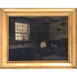 19th century oil on canvas, workshop with a window, 34x26cm Provenance: the Peto Family, formerly of