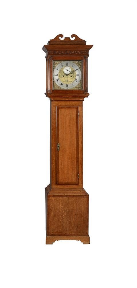 A George III oak eight day longcase clock, the five pillar bell striking movement with 12 inch