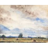 Charles Picart Le Doux (French 1881-1959), cloudy sky over field, watercolour on paper, 38x48cm