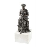 A bronze model of a lady sewing a bell pull, late 19th century, atop a variegated white marble