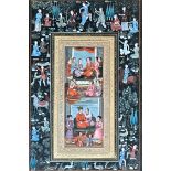 A Persian miniature gouache on paper, depicting palace gathering scenes, intricately detailed border