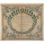 A Georgian needlework alphabet sampler, with wreath and floral decoration, worked by Sarah Thompson,