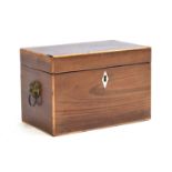 A George III mahogany and boxwood tea caddy, with brass lion mask loop handles, the divided interior