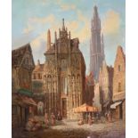 Henry Schafer (1833-1916), continental street with spire in background, oil on canvas, monogrammed