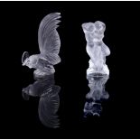 A clear and frosted glass Lalique 'Coq Nain' cockerel, script mark and old paper label 'Made in