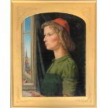 20th century oil on board, portrait of woman in an orange hat, signed 'CW Oliver' and dated 1949