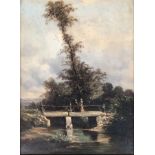 19th century British, ladies standing on a bridge, oil on panel, 19x14cm Provenance: the Peto